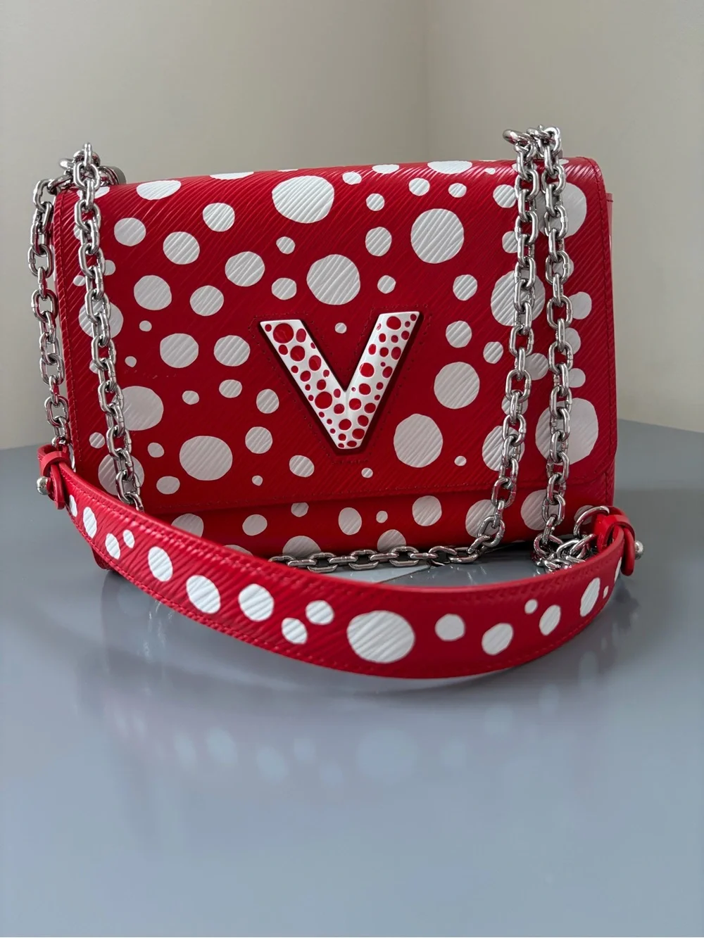 Louis Vuitton Red and White Polka Dot Chain Shoulder Bag